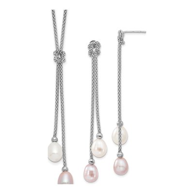 Sterling Silver Pink & White Pearl Necklace & Earring Set