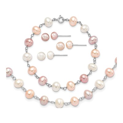 Sterling Silver Multi Pearl Necklace, Bracelet & Earring Set