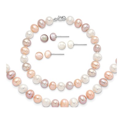 Sterling Silver Multi-Color Pearl Necklace, Bracelet &