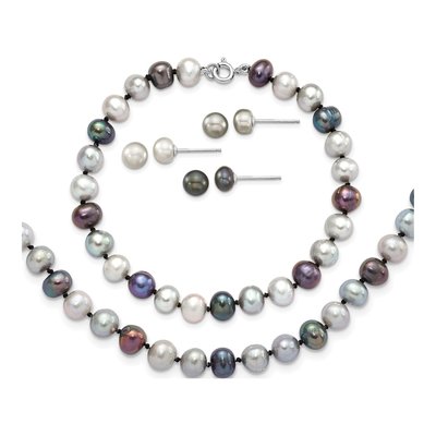 Sterling Silver Grey & Black Pearl Necklace, Bracelet &