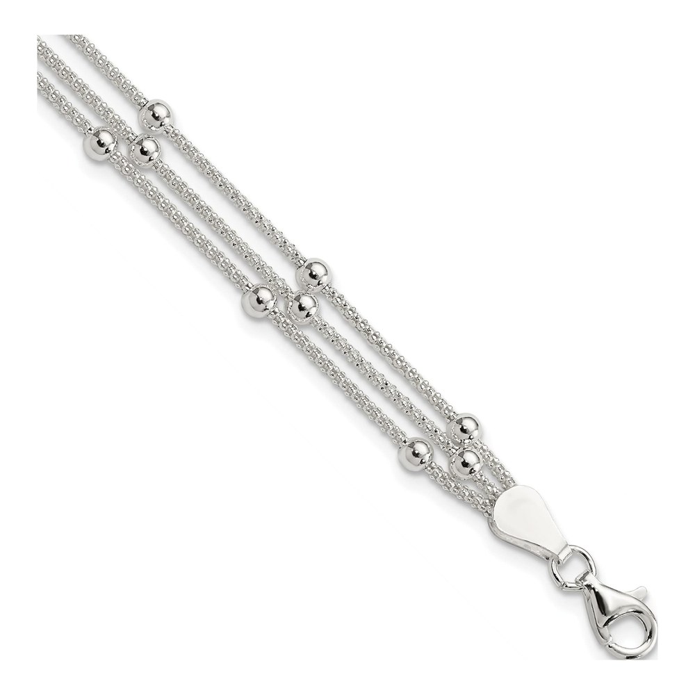 Sterling Silver 6mm Semi-Solid Beaded 3-Strand Mesh Chain Bracelet