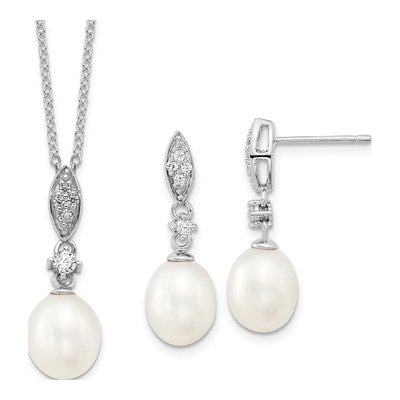 Sterling Silver Pearl & CZ Necklace + Earring Set