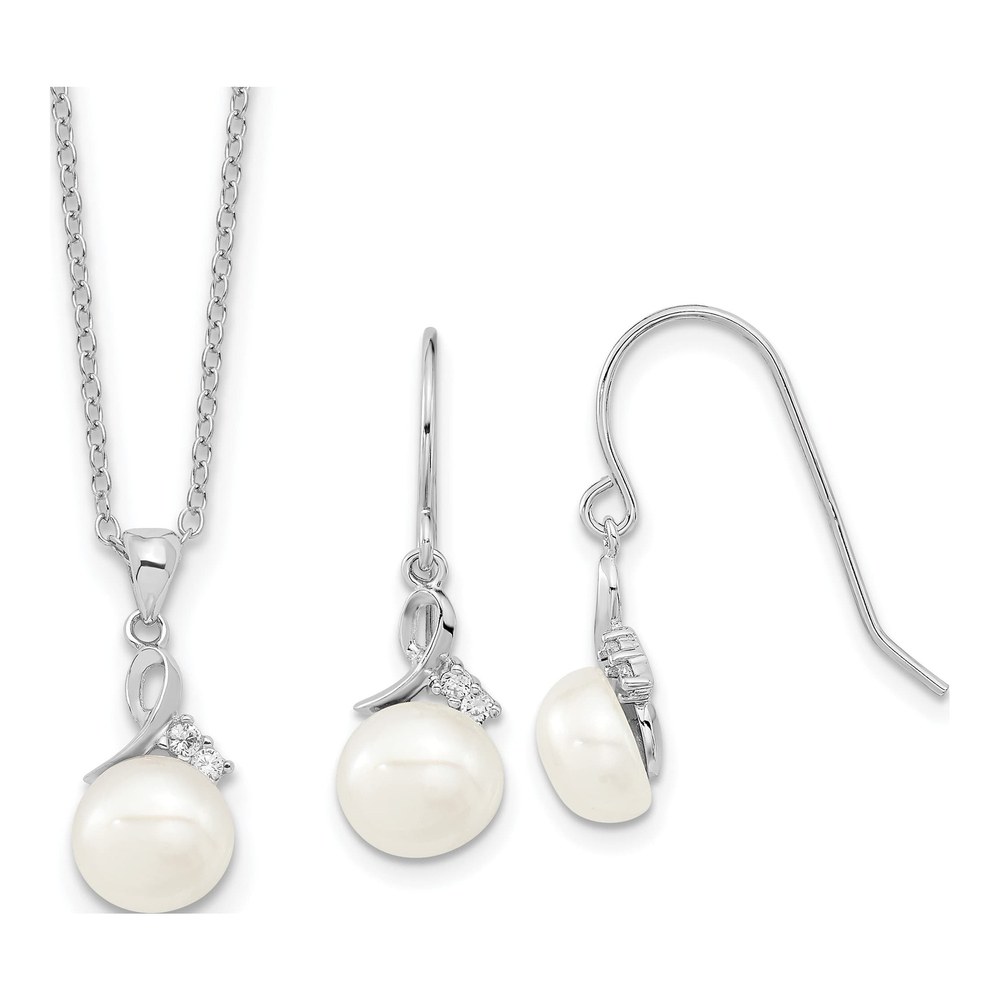Sterling Silver Pearl & CZ Necklace and Earring Set