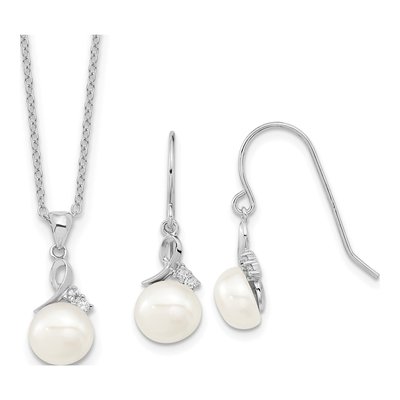 Sterling Silver Pearl & CZ Necklace and Earring Set