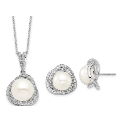 Sterling Silver Pearl & CZ Necklace & Earring Set