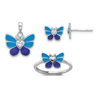 Girls' Sterling Silver Butterfly Earring, Ring & Pendant Set