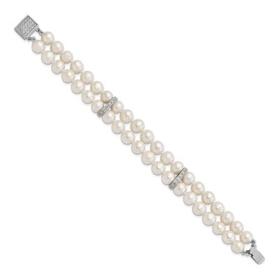 Sterling Silver Freshwater Cultured Pearl & CZ 2-Strand Bracelet – view 2