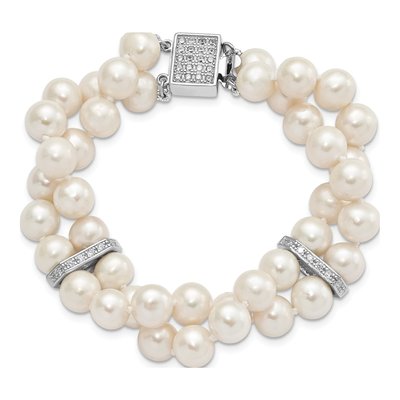 Sterling Silver Freshwater Cultured Pearl & CZ 2-Strand Bracelet – view 4