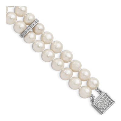 Sterling Silver Freshwater Cultured Pearl & CZ 2-Strand Bracelet
