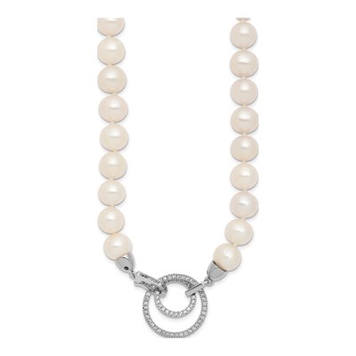 Sterling Silver Freshwater Cultured Pearl & CZ Near-Round Adjustable Necklace – view 3