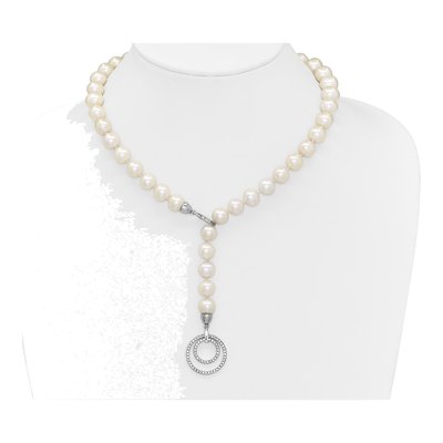Sterling Silver Freshwater Cultured Pearl & CZ Near-Round Adjustable Necklace – view 5