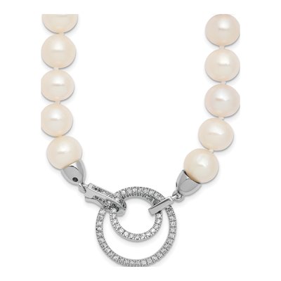 Sterling Silver Freshwater Cultured Pearl & CZ Near-Round Adjustable Necklace