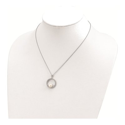 Sterling Silver Freshwater Cultured Pearl & CZ Button Necklace – view 5