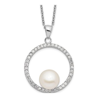 Sterling Silver Freshwater Cultured Pearl & CZ Button Necklace