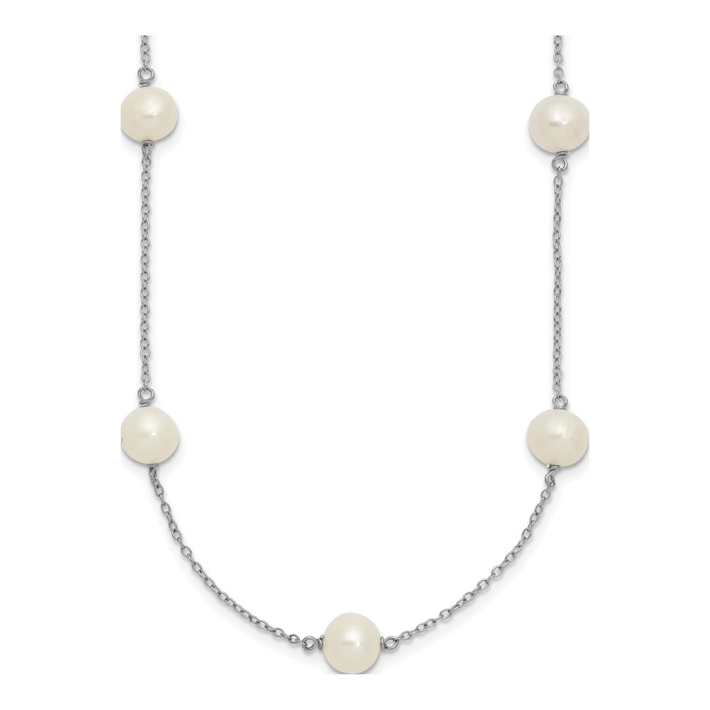 Sterling Silver Rhodium-Plated 7-8mm White Near Round Freshwater Cultured Pearl 9-Station 20 Inch Necklace with Spring Ring Clasp