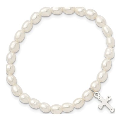 Girls' Sterling Silver Pearl & Cross Stretch Bracelet – view 2