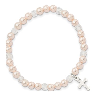 Sterling Silver Simulated Pearl & Crystal Girls' Shell Cross Bracelet – view 2