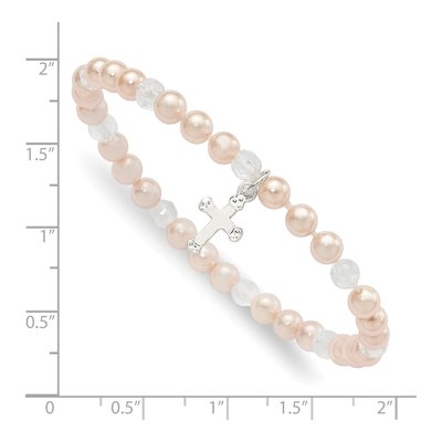 Sterling Silver Simulated Pearl & Crystal Girls' Shell Cross Bracelet – view 3