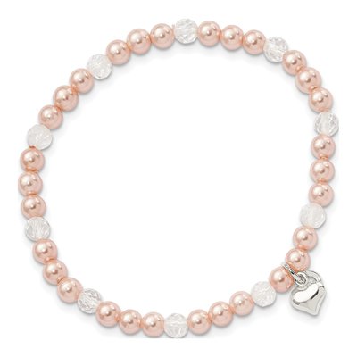 Sterling Silver Simulated Pearl & Crystal Girls' Shell Stretch Bracelet – view 4