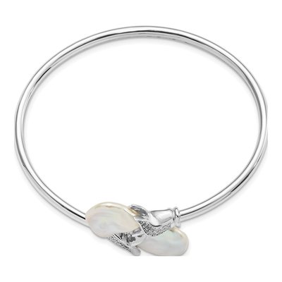 Sterling Silver Freshwater Cultured Pearl & CZ Flexible Bangle Bracelet – view 2