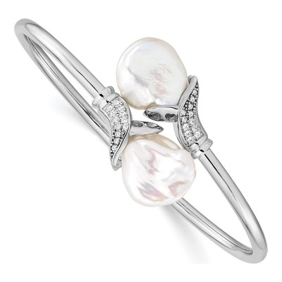 Sterling Silver Freshwater Cultured Pearl & CZ Flexible Bangle Bracelet