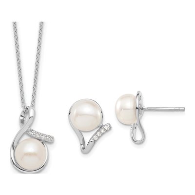 Sterling Silver Pearl & CZ Necklace Earring Set