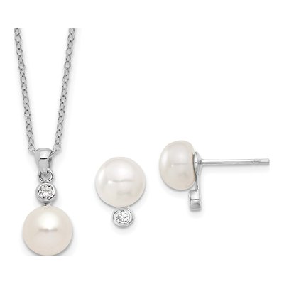 Sterling Silver Pearl & CZ Necklace and Earring Set