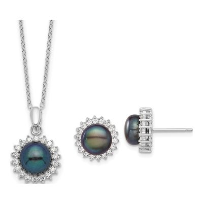 Sterling Silver Black Pearl & CZ Necklace & Earring Set