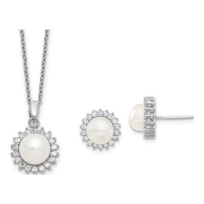 Sterling Silver Pearl & CZ Necklace & Earring Set