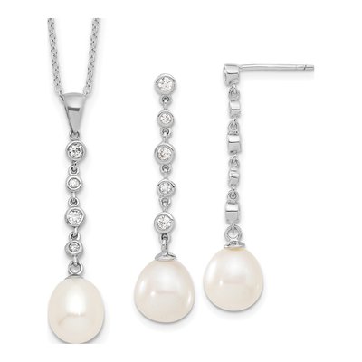 Sterling Silver Pearl & CZ Necklace and Earring Set