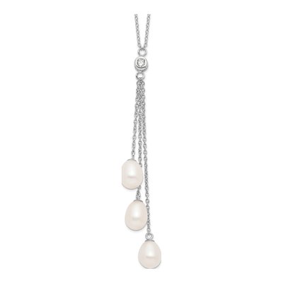 Sterling Silver Freshwater Cultured Pearl & CZ Teardrop Drop Necklace