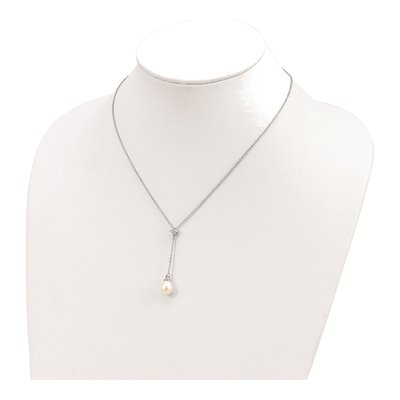 Sterling Silver Freshwater Cultured Pearl & CZ Teardrop Drop Necklace – view 4