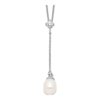 Sterling Silver Freshwater Cultured Pearl & CZ Teardrop Drop Necklace