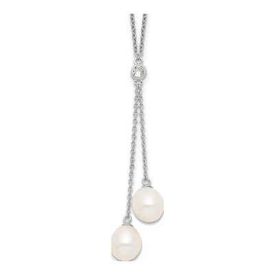 Sterling Silver Freshwater Cultured Pearl & CZ Rice Dangle Necklace