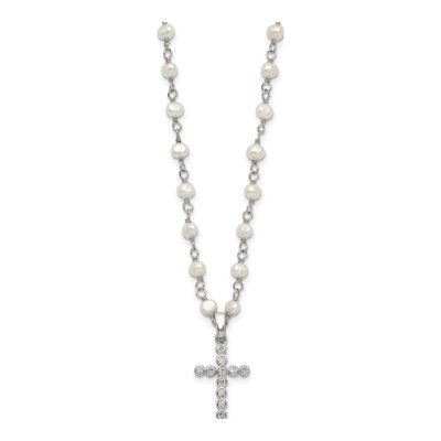 Sterling Silver Freshwater Cultured Pearl & CZ Cross Necklace – view 3