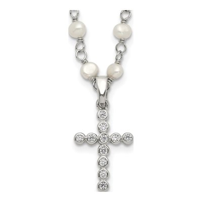 Sterling Silver Freshwater Cultured Pearl & CZ Cross Necklace