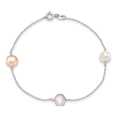 Sterling Silver Freshwater Cultured Pearl Rh-P 3-Stat 8M Wht Pur Semi-Round Bracelet – view 3