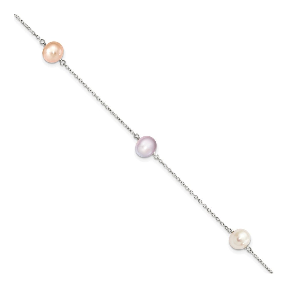 Sterling Silver Rh-P 3-Stat 7-8M Wht/Pink/Pur Semi-Round Fwc Pearl Bracelet