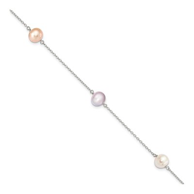 Sterling Silver Freshwater Cultured Pearl Rh-P 3-Stat 8M Wht Pur Semi-Round Bracelet
