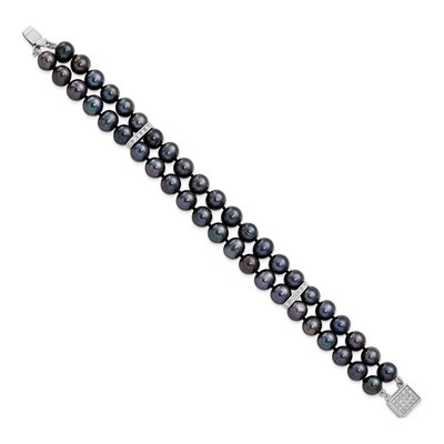 Sterling Silver Black Freshwater Cultured Pearl & CZ 2-Strand Bracelet – view 2