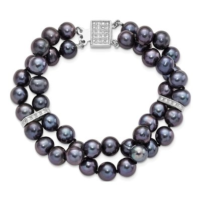 Sterling Silver Black Freshwater Cultured Pearl & CZ 2-Strand Bracelet – view 4
