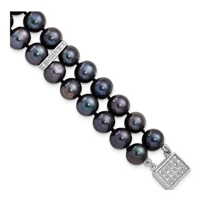 Sterling Silver Black Freshwater Cultured Pearl & CZ 2-Strand Bracelet