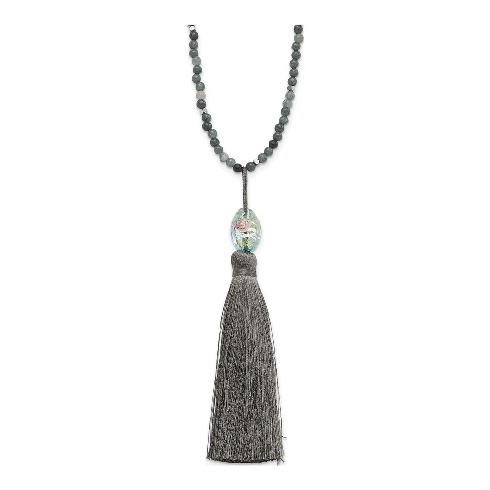 Sterling Silver Green Glass Hematite Tassel Necklace