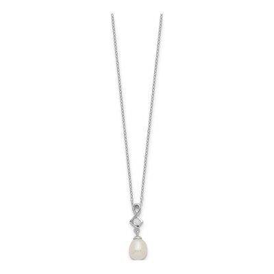 Sterling Silver Freshwater Cultured Pearl & CZ Teardrop Necklace – view 3