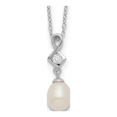 Sterling Silver Freshwater Cultured Pearl & CZ Teardrop Necklace