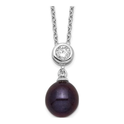 Sterling Silver Black Freshwater Cultured Pearl & CZ Necklace