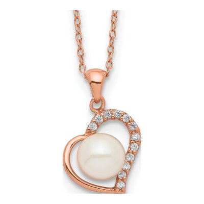 Rose Gold-Plated Sterling Silver Freshwater Cultured Pearl & CZ Heart Necklace