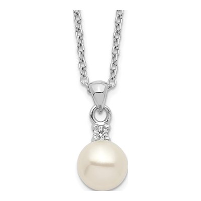 Sterling Silver Freshwater Cultured Pearl & CZ Button Necklace