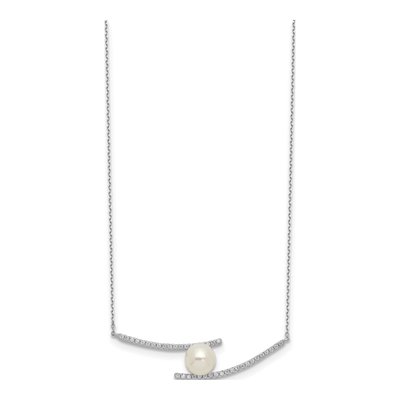 Sterling Silver Freshwater Cultured Pearl & CZ Button Necklace – view 3