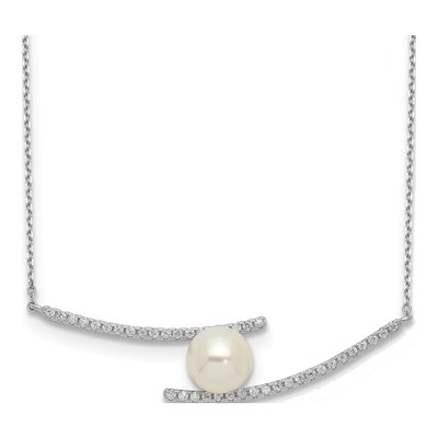 Sterling Silver Freshwater Cultured Pearl & CZ Button Necklace